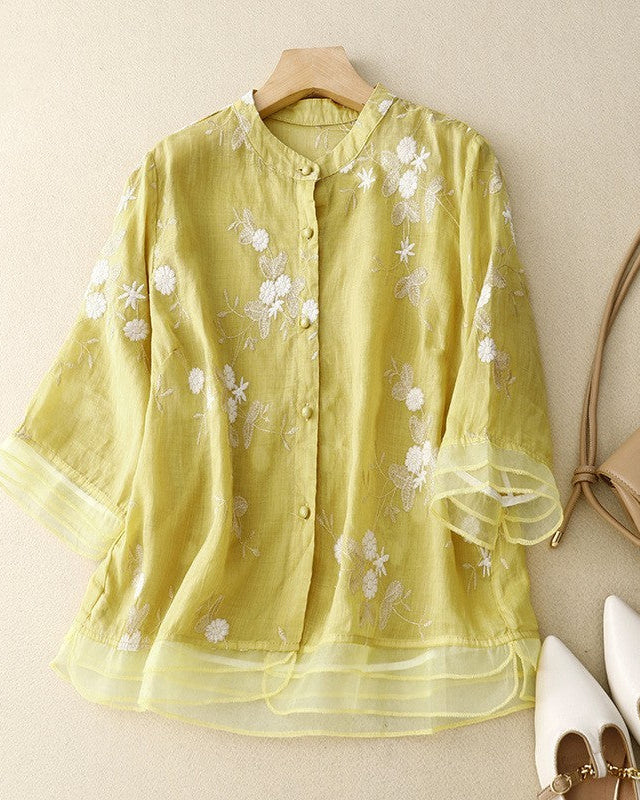 Clara  Embroidered Vintage Cotton Linen Blouse