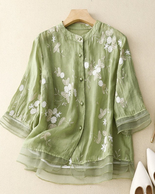Clara  Embroidered Vintage Cotton Linen Blouse