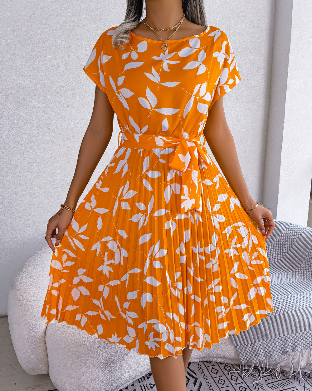 VALERIA Leaf & Breeze Pleated Dress