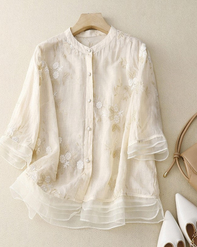 Clara  Embroidered Vintage Cotton Linen Blouse